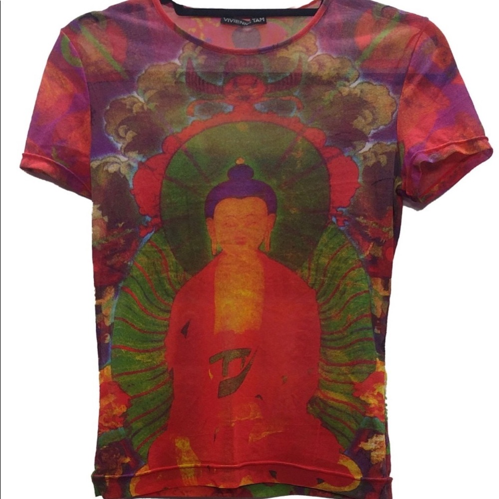 Vivienne Tam Y2K Rare Buddha Print Short Sleeve Top Sz 2